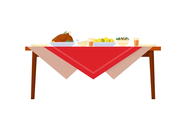 Platos de vacaciones en la mesa con vectores de mantel rojo — Vector de stock