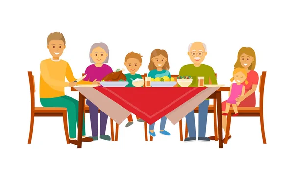 Dîner de Noël de la grande famille assis par la table — Image vectorielle