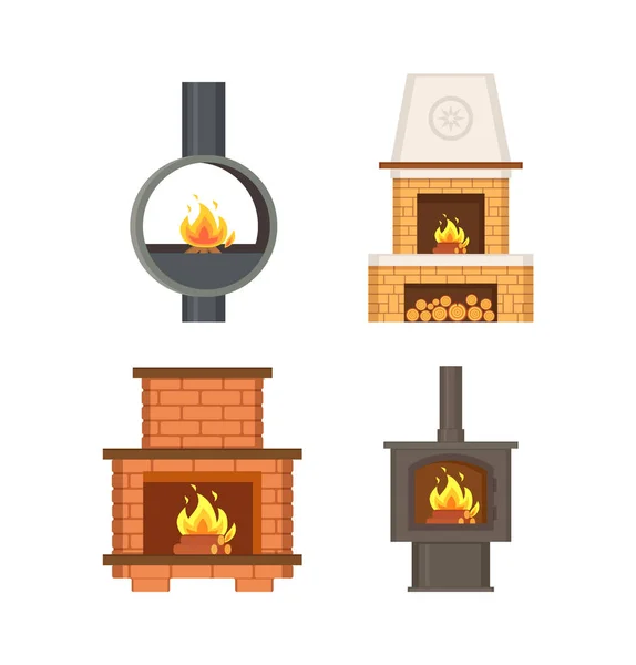 Fireplace with Logs and Fire Flames Isolated Set — Stock Vector