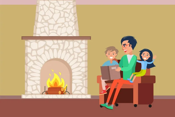 Father and Children Spending Time by Fireplace — Stock Vector