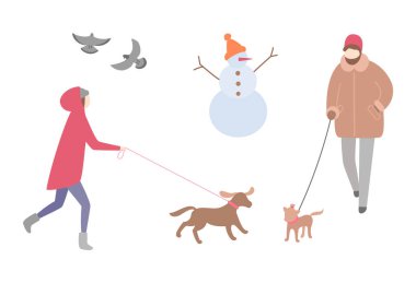 Köpek kış sezonu etkinlik açık havada yürüyen kadın