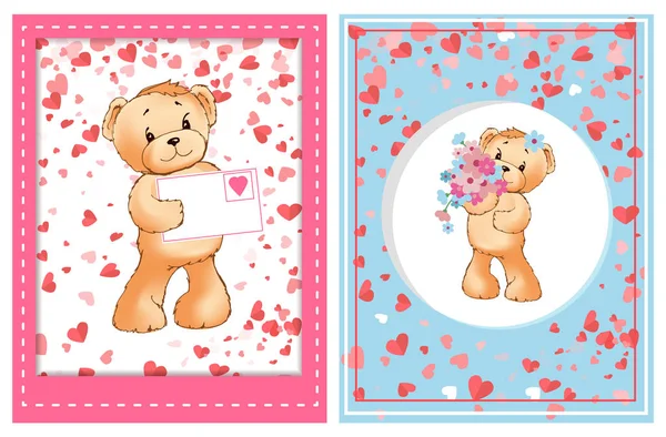 Teddy Mit Valentinspostkarte Verziert Mit Rosa Rahmen Spielzeug Mit Blumen — Stockvektor