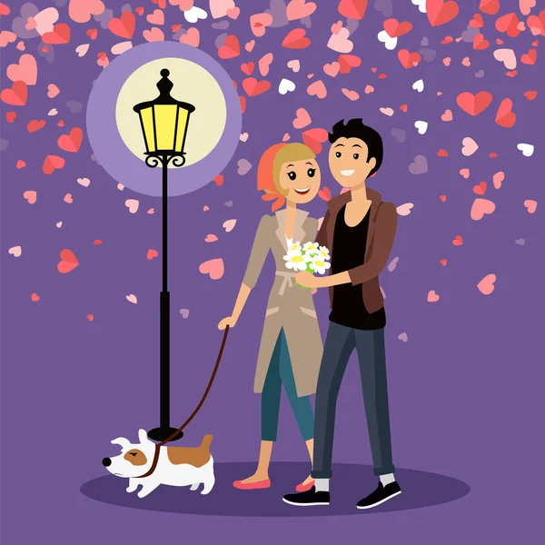 Valentine ζευγάρι περπάτημα υπαίθρια με διανυσματικά σκύλος — Διανυσματικό Αρχείο