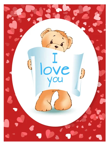 Urso de pelúcia com reconhecimento, cartão de vetor Valentine — Vetor de Stock