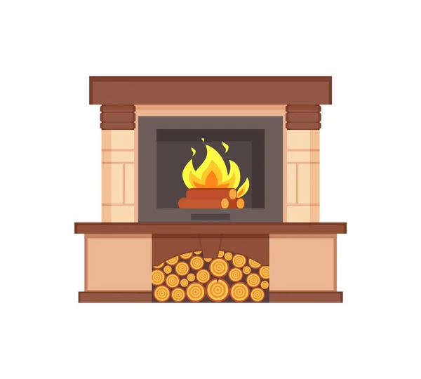 Cheminée avec grumes de combustion Combustible en bois à l'intérieur — Image vectorielle