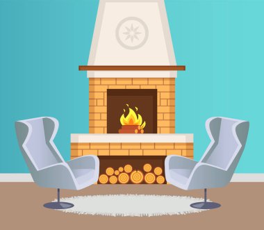 İç düz, şömine ve koltuklar vektör