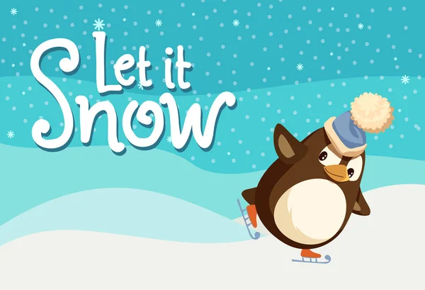 Laat het sneeuw wenskaart, Penguin schaatsen op sneeuw — Stockvector