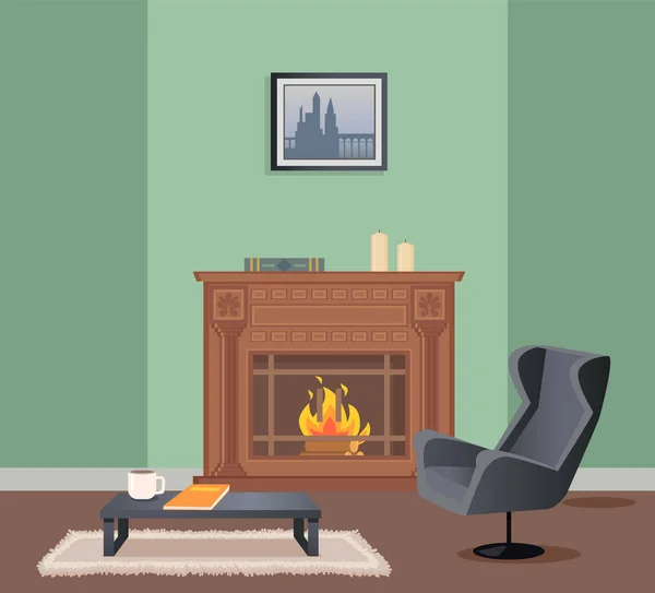 Room with Fireplace, Armchair and Table Vector — Stock Vector