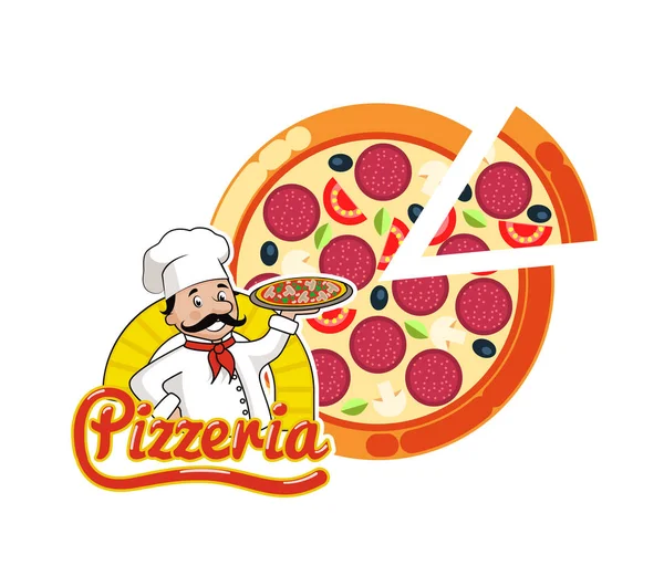 Pizzeria Logo Pizza Italiaanse schotel Slice en chef-kok — Stockvector