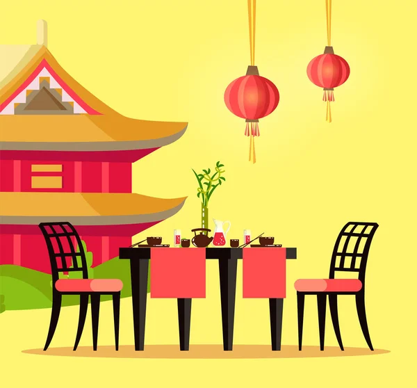 Table de restaurant chinois et maison avec pagode — Image vectorielle