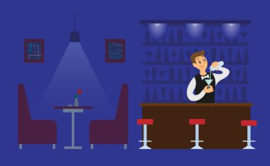 Gece kulübü barmen içkiyle boş salonda