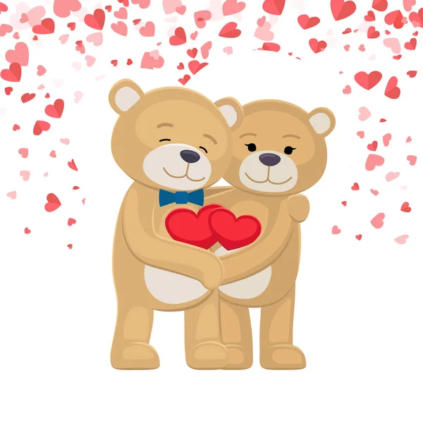 Happy Teddy Bears Family Holding Red Heart in Paws — Stock Vector