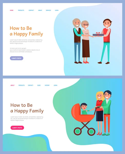 Cómo ser padres de familia felices con perambulador — Vector de stock