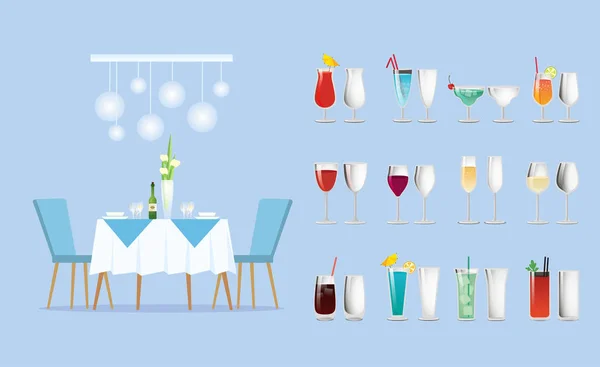 餐厅餐桌和鸡尾酒或葡萄酒眼镜 — 图库矢量图片