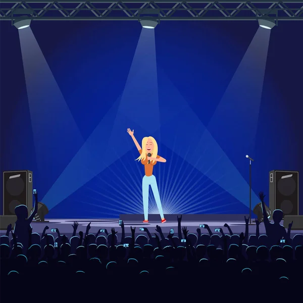 Lány énekel, kék színpad vektor mikrofon — Stock Vector