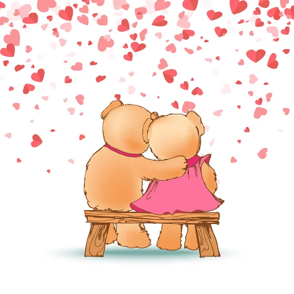 Memeluk Teddy Bears Duduk di Wooden Bench Vector - Stok Vektor