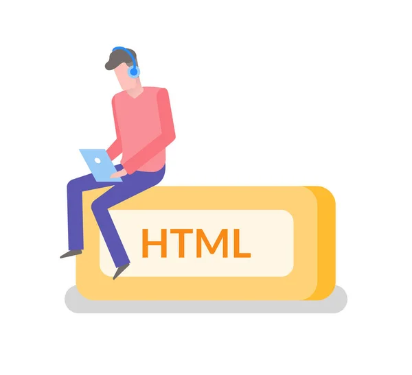HTML Freelancer Man Trabalhando em codificação de codificador de laptop — Vetor de Stock