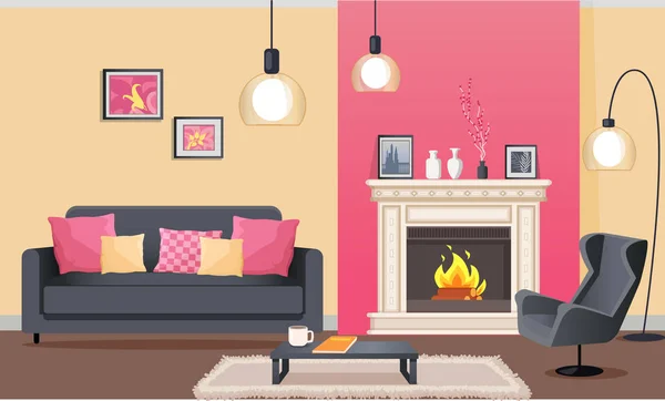 Room in Pink with Fireplace and Furniture Vector — Stock Vector