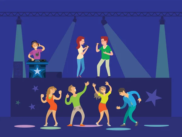 Discoteca, Dj y Cantantes, Bailarines Vector — Vector de stock