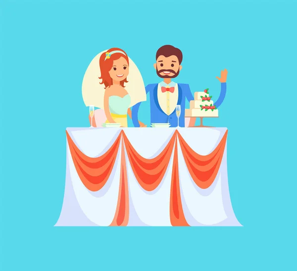 Празднование свадьбы в ресторане, невесте и женихе — стоковый вектор