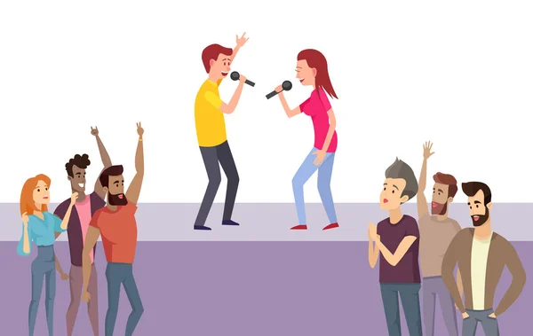 Karaoke fest, människor sjunga låten på scen vektor — Stock vektor