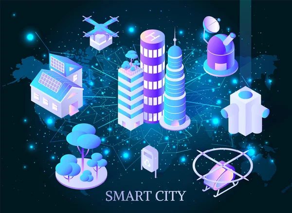 Smart City mrakodrapy s vrtulníky plakát — Stockový vektor