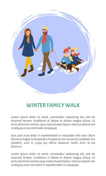 Caminhadas Familiares Inverno Pai Mãe Filhos Vetor Crianças Sentadas Trenós — Vetor de Stock