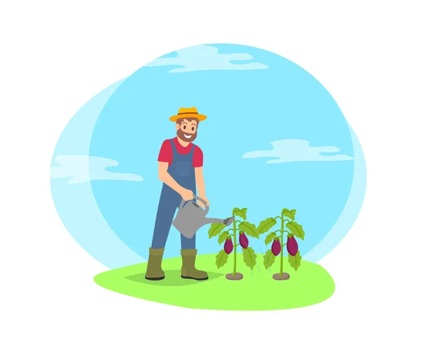 Rolnik podlewania roślin w ogrodzie ikona Cartoon — Wektor stockowy