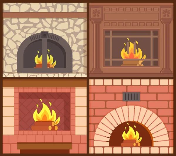 Fireplaces Made of Wood and Stone Heating Types — Stock Vector
