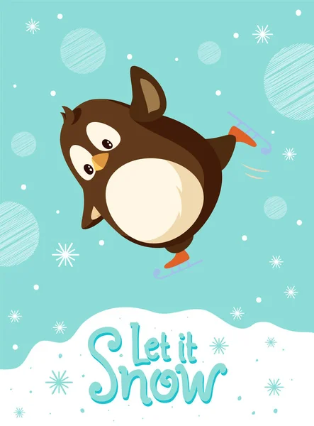 Pingvin a korcsolyák, korcsolyázás, műjégpálya, Karácsony a madár — Stock Vector