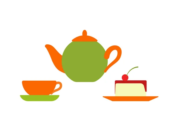 Teapot with Mug and Plate, Served Cake with Cherry — Stock Vector