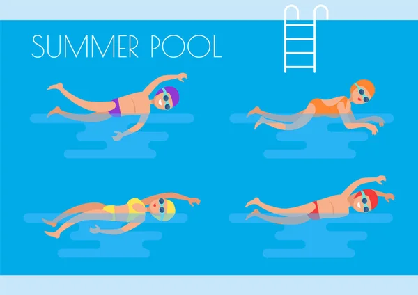 Summer Pool Swimmers Poster Vector Illustration — Stock Vector