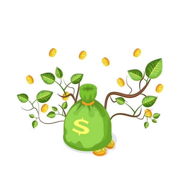 Groen geld zak met munten en takken Vector — Stockvector