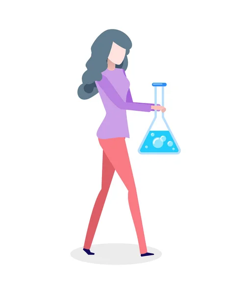 Chemist Woman Holding Bolb with Blue Liquid Vector — Stock Vector