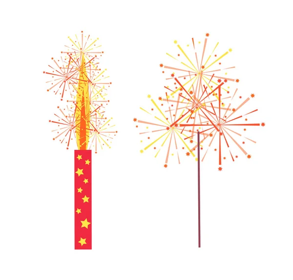 Fireworks and Sparkler Vector Isolated Icons — Stock Vector