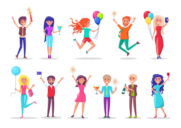 Birthday Celebration, Girls and Guys with Balloons — Stock Vector
