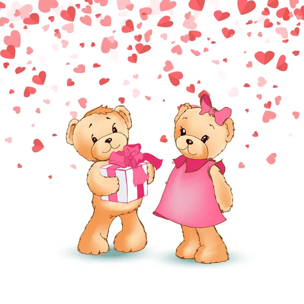 Romantis Teddy Boy Memberikan Kotak Hadiah kepada Vektor Gadis - Stok Vektor