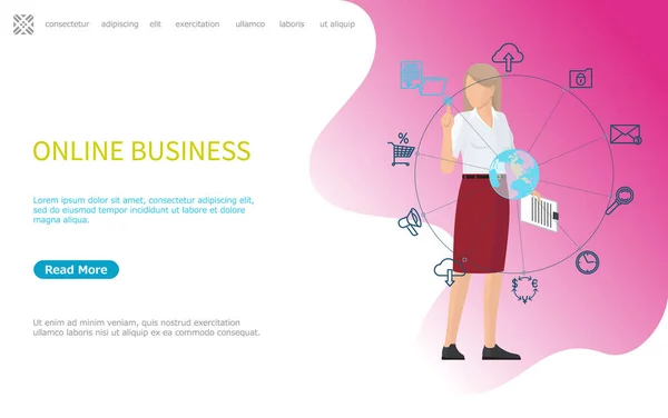 Online Business Web Poster Mulher trabalhando em todo o mundo — Vetor de Stock