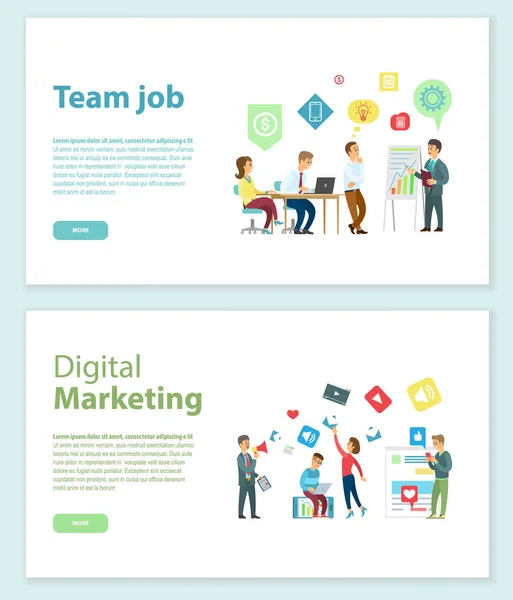 Emplois d'équipe et marketing numérique Pages Web en ligne — Image vectorielle