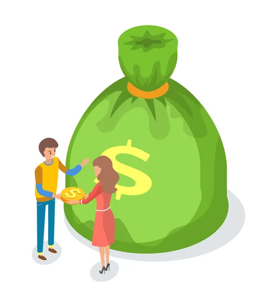 Bolsa de dinero verde con signo de dólar, gente de dibujos animados — Vector de stock