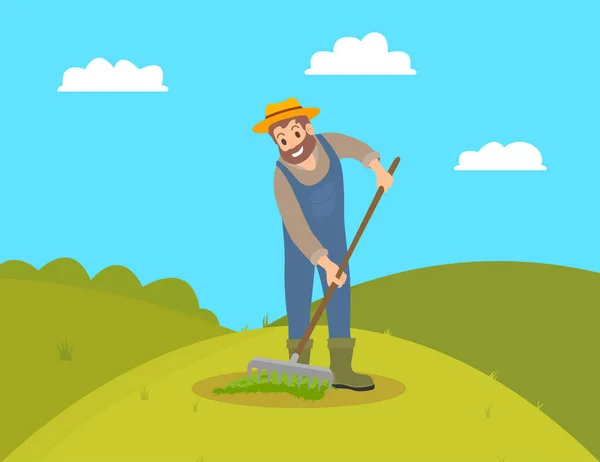 Farmer with Rake on Field Vector Illustration — Stock Vector