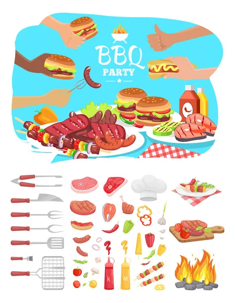 BBQ-Party-Poster mit Symbolen Vektor Illustration — Stockvektor