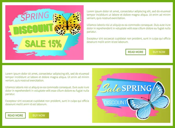 Descuento de primavera Venta de primavera Etiquetas Mariposa — Vector de stock