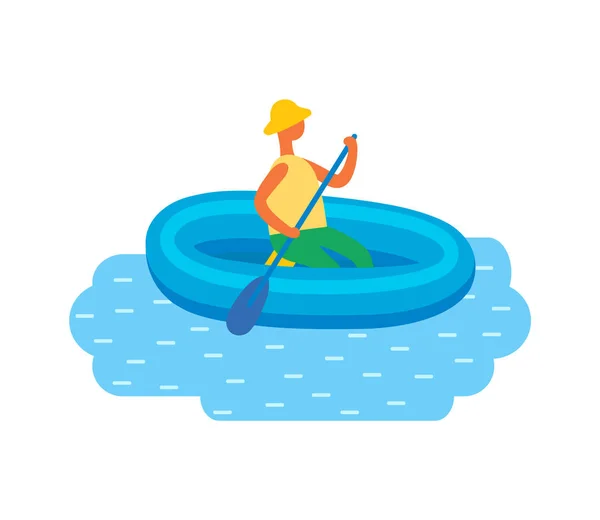 Hombre en sombrero nadando en barco de goma inflable — Vector de stock