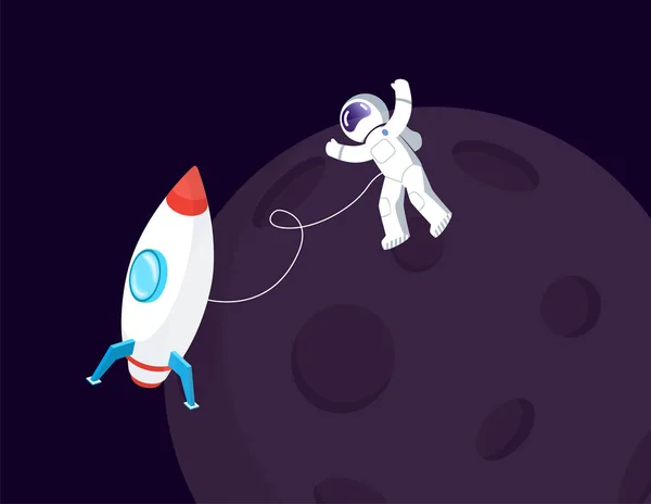 Navire spatial près de Moon et Spaceman dans Spacesuit — Image vectorielle