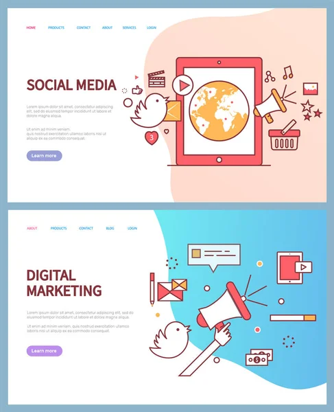 Social Media e Digital Marketing Pagine Online — Vettoriale Stock