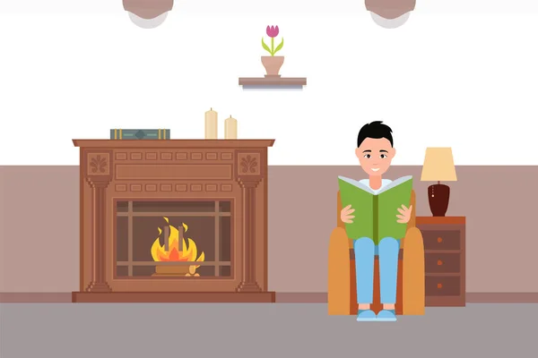在家中坐着壁炉看书的男人 — 图库矢量图片
