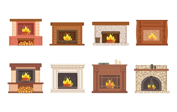 Conjunto de iconos de madera quemada interior hogar chimenea — Archivo Imágenes Vectoriales