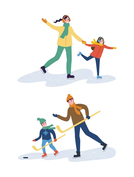 Entrenamiento de Hockey de Padre e Hijo, Madre con Niño — Vector de stock