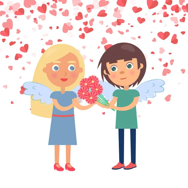 Boy Giving Bouquet to Girlfriend, Valentine Vector